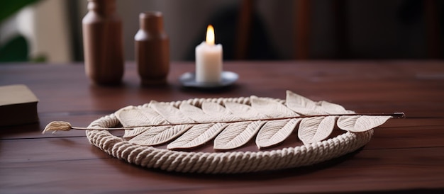 Handcrafted cotton rope macrame leaf on wooden table for cozy room decor