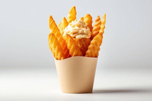 Foto handcrafted french fries served in cone on white background french fries image