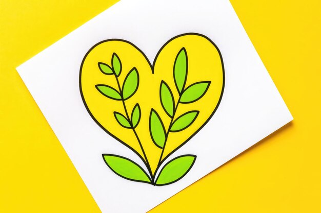 鮮やかな緑の葉で手作りのハートは,環境愛を描いた鮮やかな黄色い背景に置かれています.