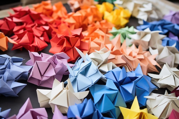 Photo handcrafted origami figures arranged orderly