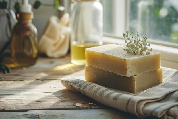 Photo handcrafted soap on sunlit wooden counter