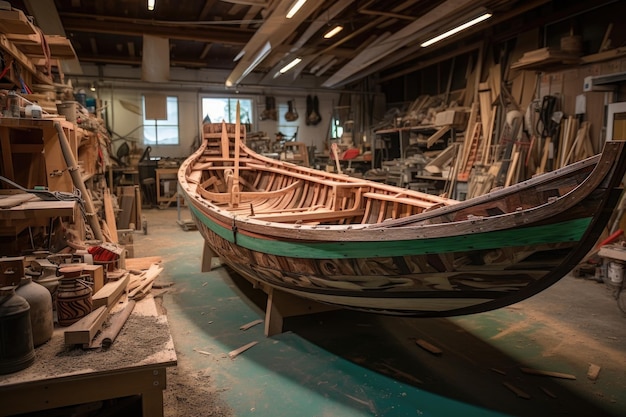 Handcrafted wooden boat on display in workshop created with generative ai