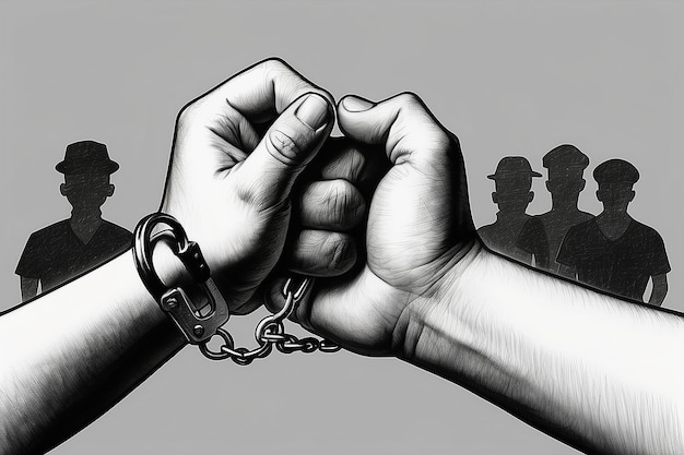 Photo handcuffed hands black white drawing