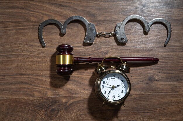 Handcuffs and alarm clock on the wooden background