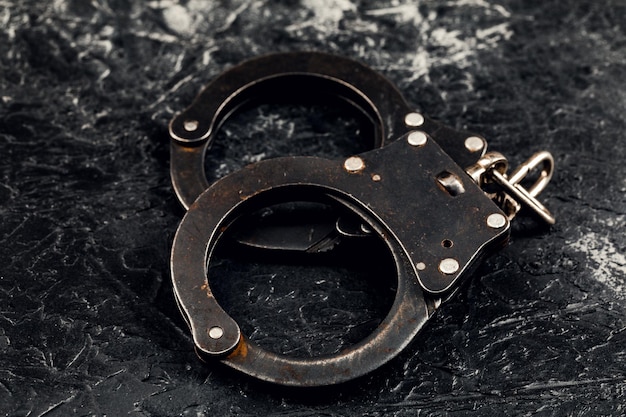 Handcuffs on a dark background The concept of crime and police