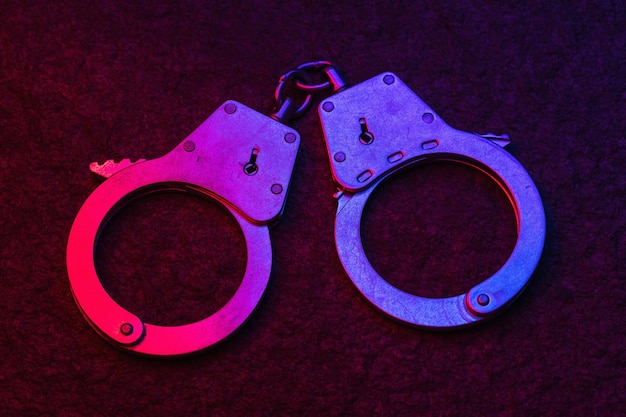 Handcuffs on a dark surface illuminated by flashing lights of a police car