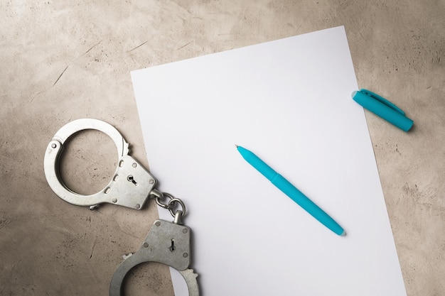 Handcuffs an empty sheet of paper and a pen on the table