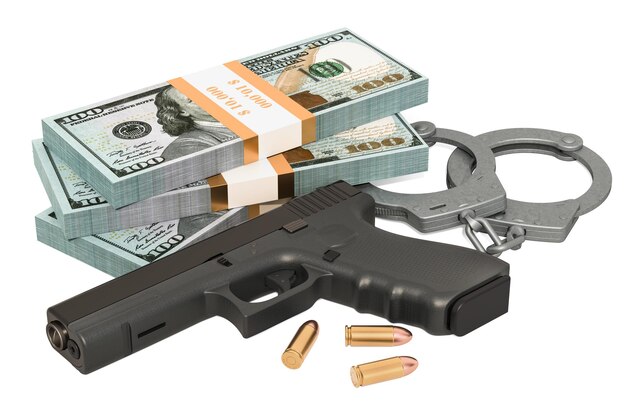 Handcuffs gun and dollar packs Crime concept 3D rendering