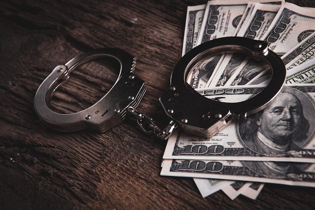 Handcuffs and money on the table