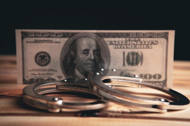 Handcuffs and money on the table