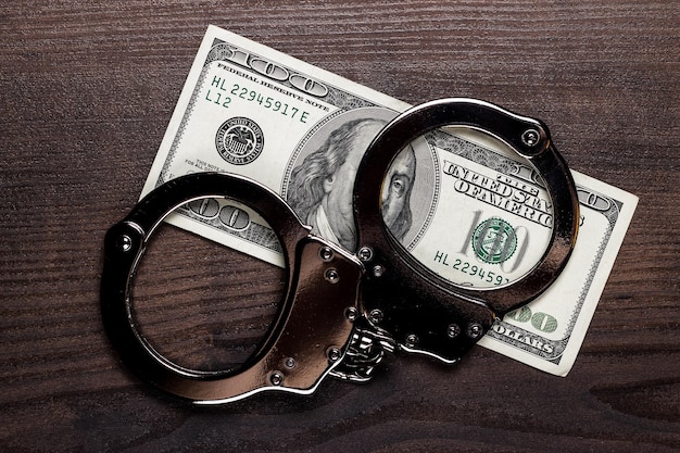 Handcuffs and one hundred dollars on wooden table