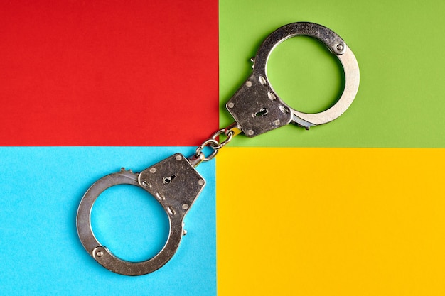 Handcuffs on paper in colors of famous computer corporation, cyber criminal caught concept. Software corporation logo. Red, green, blue, yellow paper colours. Abstract background.