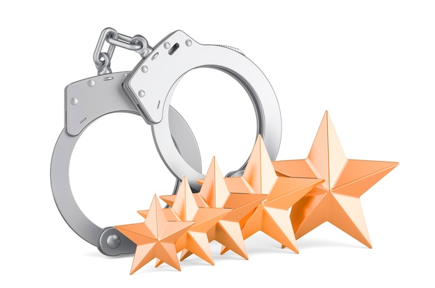 Handcuffs with five golden stars 3D rendering