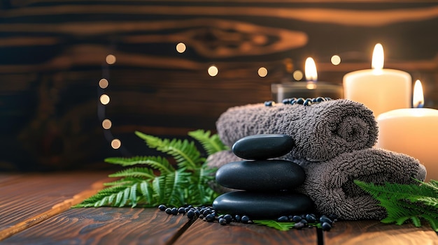 Handdoek op varen met kaarsen en zwarte hete steen op houten achtergrond Hot stone massage instelling verlicht door kaarsen Massagetherapie voor één persoon met kaarslicht Beauty spa-behandeling en ontspannen concept