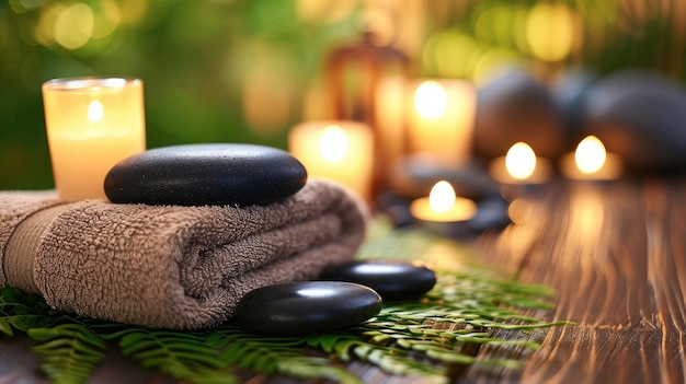 Handdoek op varen met kaarsen en zwarte hete steen op houten achtergrond Hot stone massage instelling verlicht door kaarsen Massagetherapie voor één persoon met kaarslicht Beauty spa-behandeling en ontspannen concept