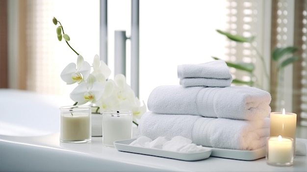 Handdoeken met kruidenzakjes en schoonheidsbehandelingsartikelen in het spacentrum in een witte kamer