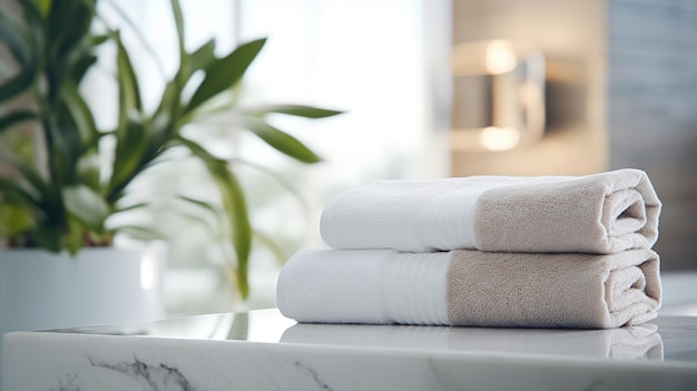 Handdoeken op wit marmeren bureau op de voorgrond en wazig modern badkamerinterieur
