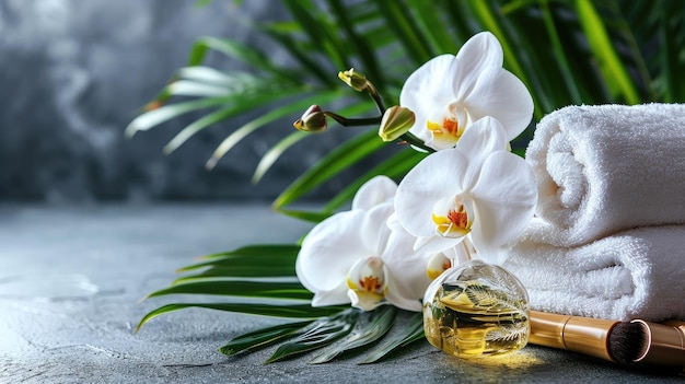 Handdoekorchideebloemenbamboeblad en cosmetica