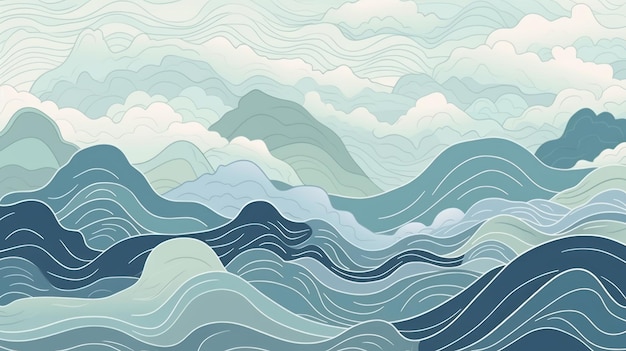 写真 手描きの抽象的な日本の波の背景に線波パターン日本古代スタイル