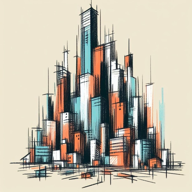Ручно нарисованный абстрактный эскиз городского пейзажа с ярким оранжево-синим и бежевым фоном, изображающий динамические небоскребы и здания в современной иллюстрации городского искусства