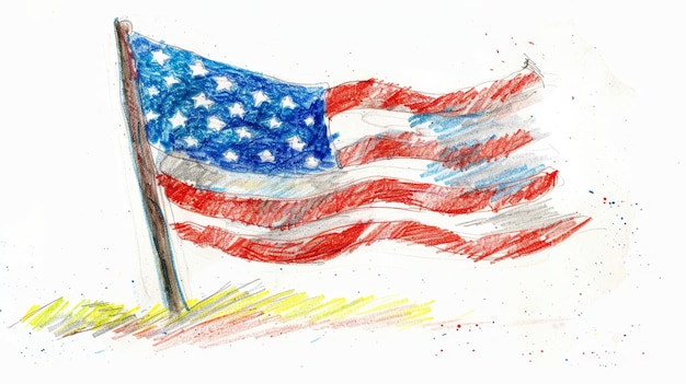 Photo handdrawn american flag a handdrawn illustration of the american flag waving proudly on a pole
