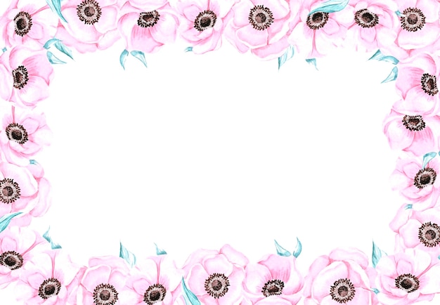 Нарисованная вручную анемоновая рамка Акварельный цветок ветра на белом фоне Элементы дизайна записки