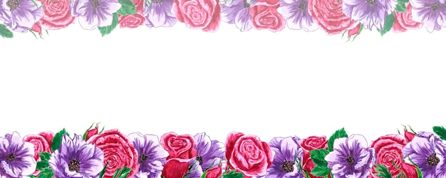 Handdrawn anemone and roses frame Watercolor wind flower boarder on the white background