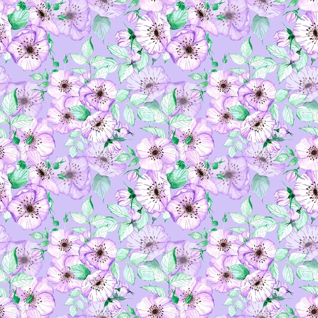 Photo handdrawn anemone seamless pattern watercolor purple flowers with green leaves on purple background