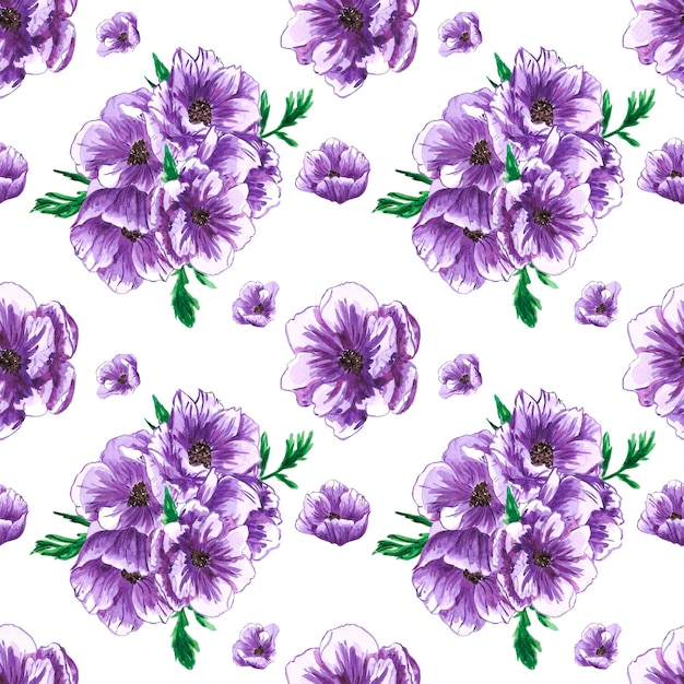 Handdrawn anemone seamless pattern Watercolor purple flowers with green leaves on white background