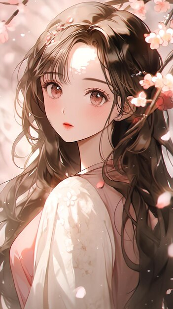 Handdrawn anime beautiful illustration of a beautiful girl under the cherry blossom tree in spring