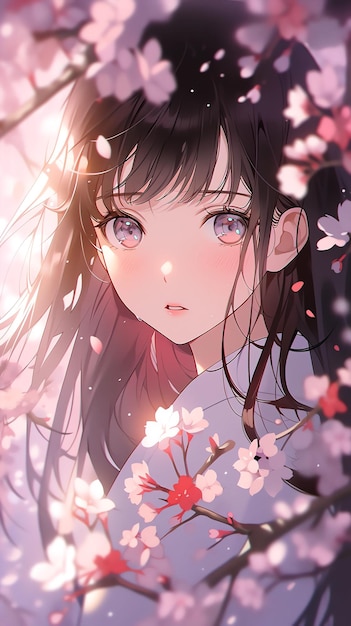 Handdrawn anime beautiful illustration of a beautiful girl under the cherry blossom tree in spring