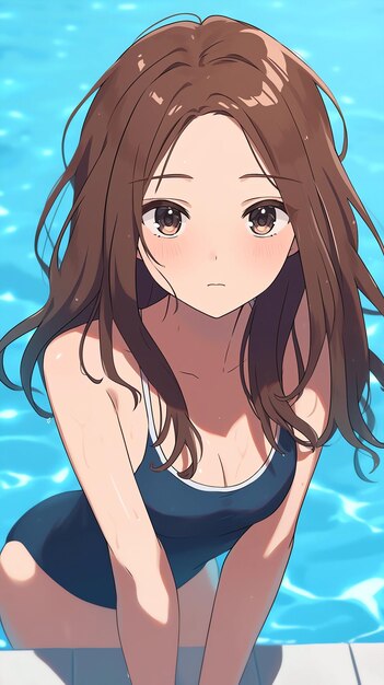 Handdrawn anime illustration of a beautiful girl wearing a swimsuit in a summer swimming pool