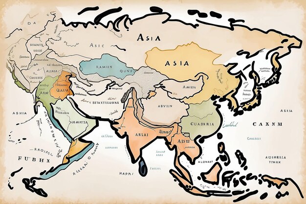 Foto schizzo artistico della mappa asiatica disegnata a mano