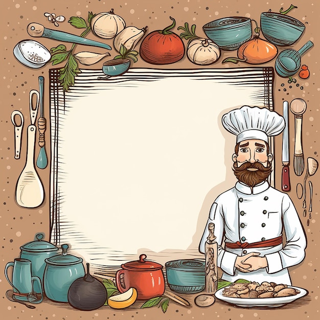 Handdrawn background of chef with kitchen utensils