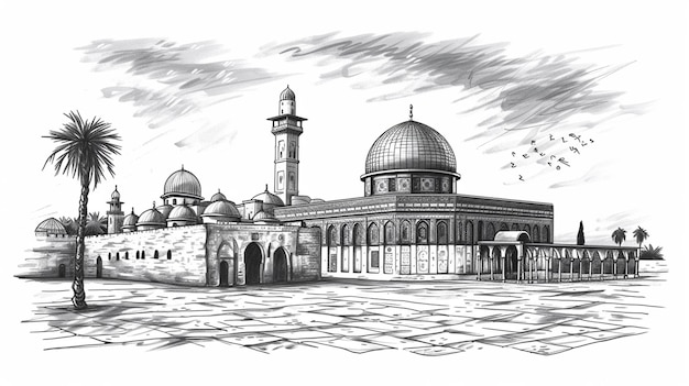 Handdrawn black and white sketch Al Aqsa Mosque