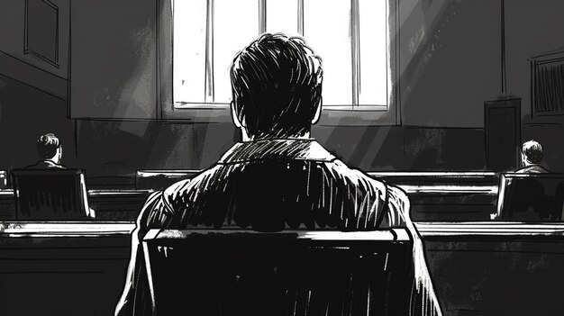 Handdrawn black and white sketch guilty in court back view