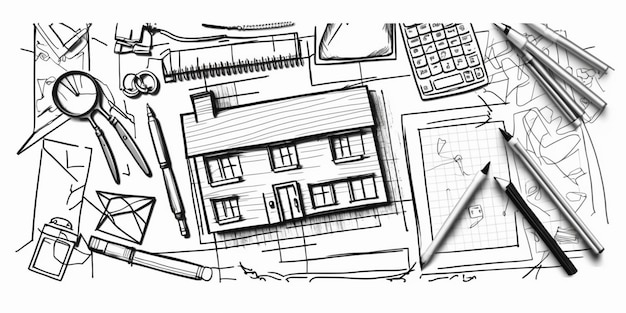 Handdrawn black and white sketch real estate concept