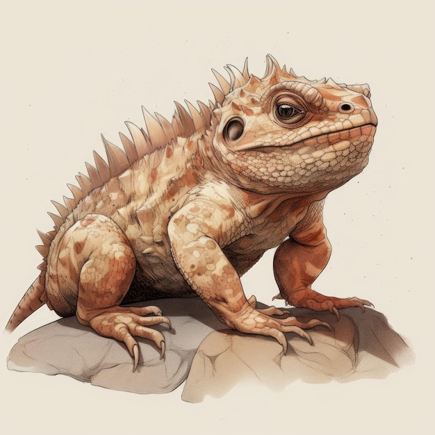 Handdrawn Brown Horned Lizard With Fur On White Background