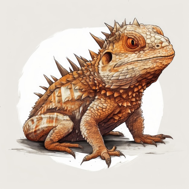 Handdrawn Brown Horned Lizard With Fur On White Background