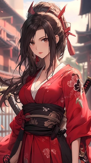 Handdrawn cartoon beautiful illustration of japanese anime warrior girl in kimono