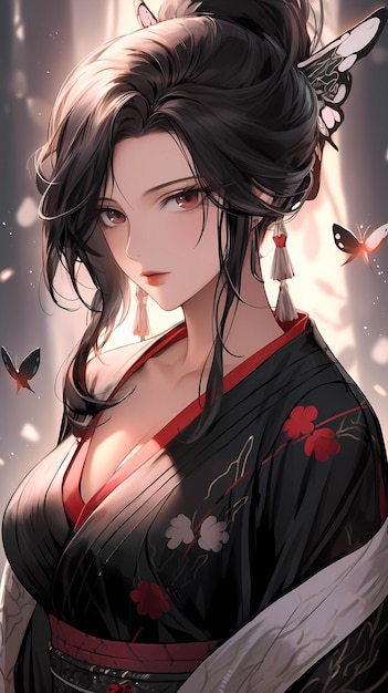 Handdrawn cartoon beautiful illustration of japanese anime warrior girl in kimono