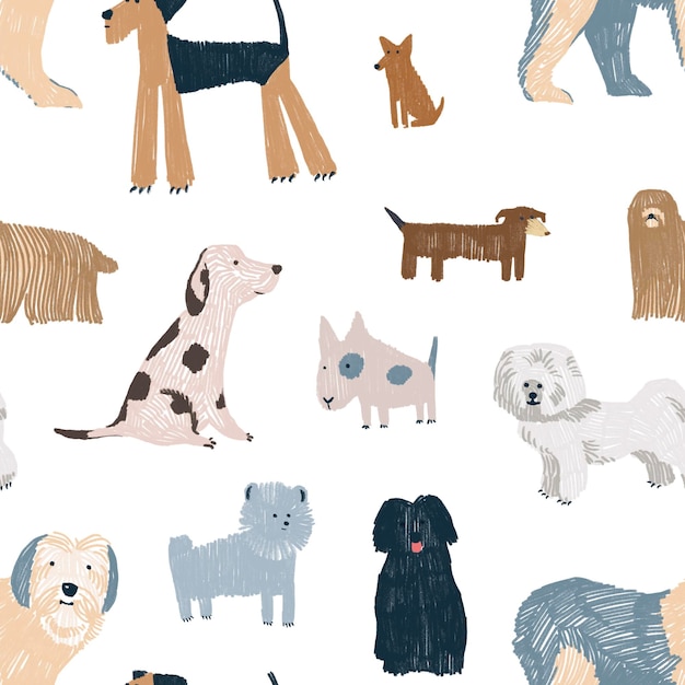 Photo handdrawn childish dogs seamless pattern isolated on white background hatch graphic doodle dogs