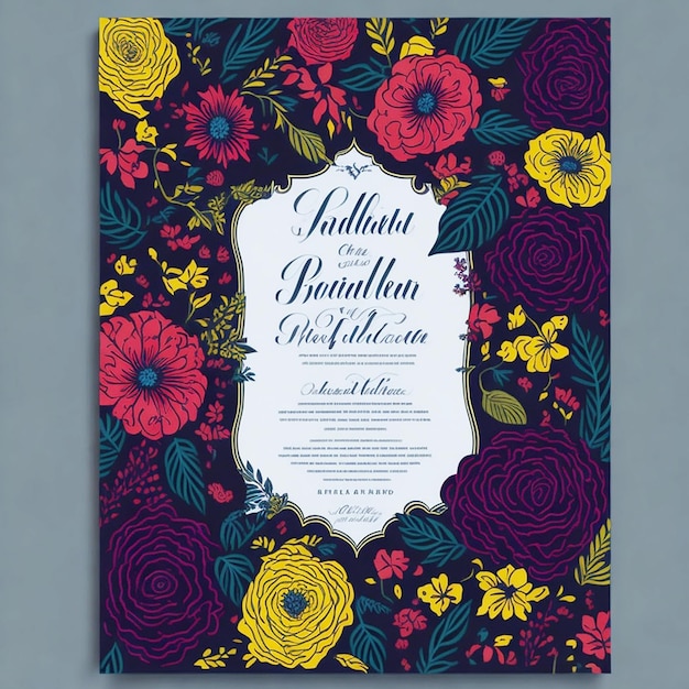 Photo handdrawn colorful floral wedding invitation card generative ai