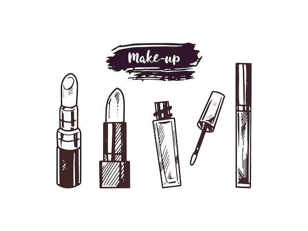 Handdrawn doodle sketches of different types of lipsticks for beauty salon or cosmetic store