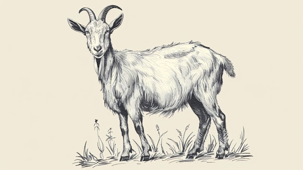 Handdrawn engraving of a farm goat