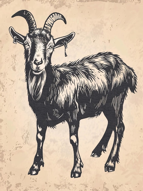 Photo handdrawn engraving of a goat on a farm