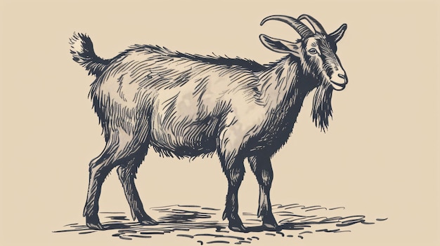 Handdrawn engraving of a goat on a farm