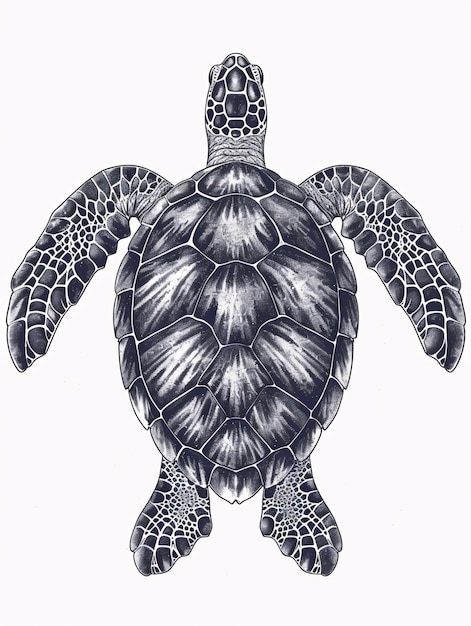 Photo handdrawn engraving of a sea turtle in a underwater wildlife illustration