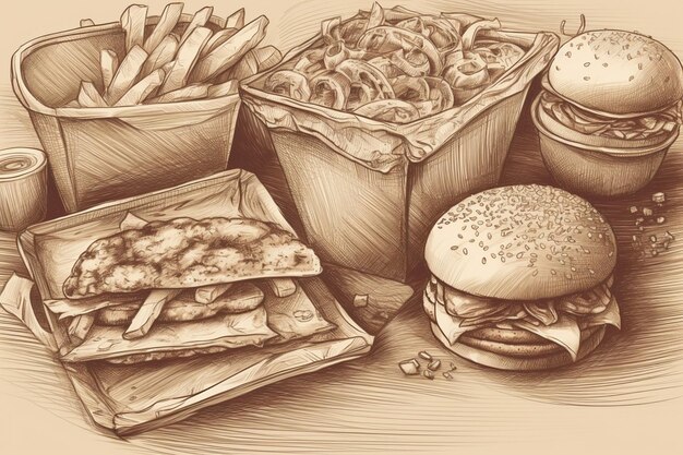 Photo handdrawn fast food packed takeaway