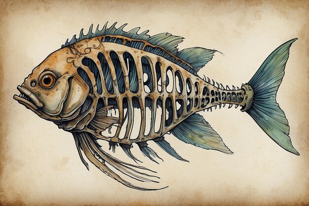 HandDrawn Fish Skeleton Ink and Watercolor Sketch